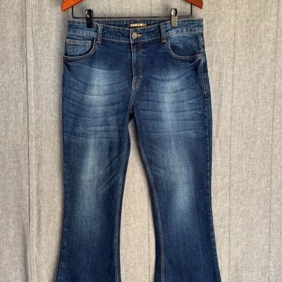 Run & Fly Stone Wash Blue Distress Stretch Denim Rock N Roll Bell Bottom Flares - Picture 4 of 11